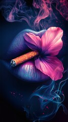 Fototapete - Vibrant illustration of pink and blue lips cigarette in between with a smoking pink flower Pink and purple smokelike effect swirls around on a black background creating a bold eyecatching contrast