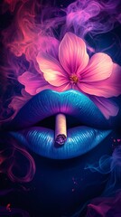 Poster - Vibrant illustration of pink and blue lips cigarette in between with a smoking pink flower Pink and purple smokelike effect swirls around on a black background creating a bold eyecatching contrast
