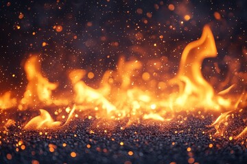 Aufkleber - Flames dance and flicker as embers glow intensely against a dark background in a mesmerizing display of fire