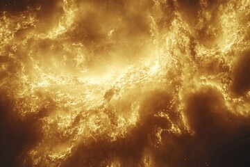 Poster - Captivating view of a bright cosmic phenomenon in deep space illuminated by golden hues and swirling gases