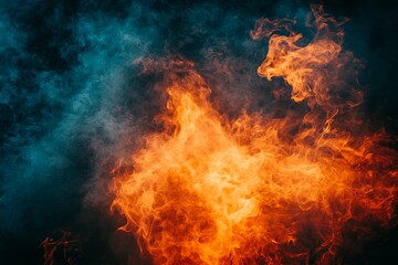 Fototapete - vibrant flames dance in a smoky background, showcasing the power of fire against a dark backdrop