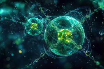Fototapete - Vibrant atomic structure showcasing interconnected particles in a quantum realm during a digital illustration