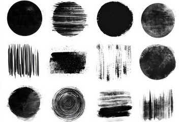 Aufkleber - Abstract black and white art showcasing various textured circular and linear patterns on a white background