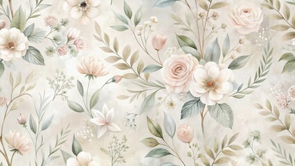  Elegant Watercolor Floral Pattern Featuring Delicate Roses, Peonies, and Other Blossoms on a Soft Beige Background
