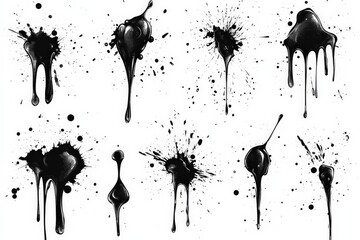 Poster - Various black paint splatters and drips on a white background showcasing different shapes and patterns