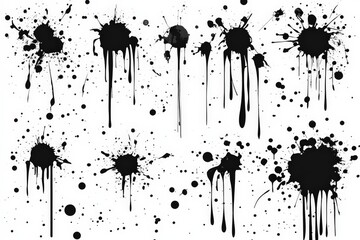 Poster - Dripping black paint splatters on a white background create a dramatic artistic effect perfect for various design projects
