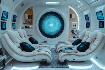 Poster - High-tech relaxation area with futuristic design and glowing portal in a modern space setting