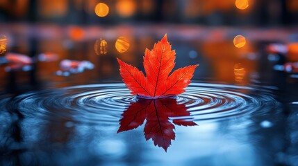 Poster - Vivid red maple leaf floats serenely on a still reflective surface capturing a perfect mirror image Soft raindrops fall forming gentle ripples while blurred autumn trees add depth with golden bokeh