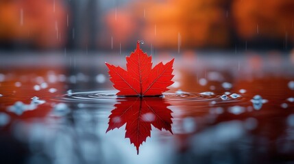 Poster - Vivid red maple leaf floats serenely on a still reflective surface capturing a perfect mirror image Soft raindrops fall forming gentle ripples while blurred autumn trees add depth with golden bokeh