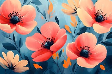 Wall Mural - 
Abstract hand drawn flower art seamless pattern illustration. Acrylic paint nature floral background