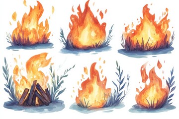 Aufkleber - Stylized flames with varied shapes and sizes amidst grass and logs, perfect for illustrating warmth and energy in artistic projects