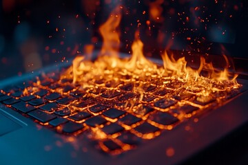 Poster - Computer keyboard engulfed in flames with sparks flying during a night scene
