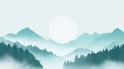Fototapete - Peaceful mountain landscape at dawn with soft mist and gentle sun rising above the horizon. Generative AI