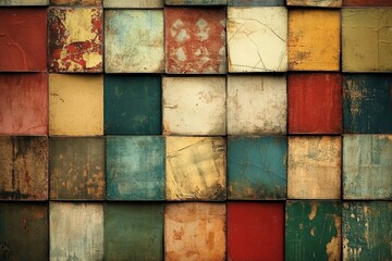 Aufkleber - Wooden squares arranged in a colorful mosaic depicting various textures and patterns in an artistic layout