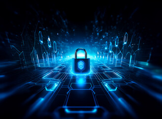 Poster - A glowing blue padlock sits at the center of a futuristic digital landscape, symbolizing cybersecurity and data protection.  The scene evokes feelings of safety and technological advancement.