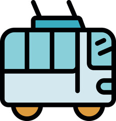 Poster - Light blue electric trolleybus driving through city streets, offering sustainable transportation