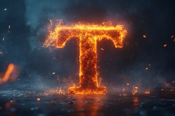 Poster - Flaming letter T illuminated in dark environment with sparks and smoke during high contrast visual display