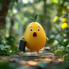 Poster - Whimsical 3D mango character midrun in a forest bright yellow with a surprised expression holding a black briefcase surrounded by blurred green trees creating a sense of frantic motion