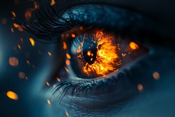 Poster - Eye reflecting a fiery explosion with glowing embers in a dark background creating a mesmerizing contrast