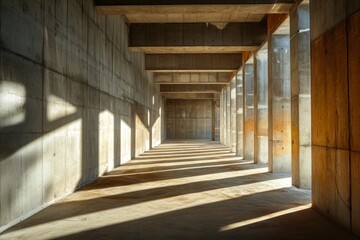 Sunlight illuminates empty concrete building corridor