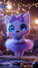 Poster - Whimsical 3D scene featuring Jigglypuff with big blue eyes wearing a purple bow and tutu She captivates the audience on stage singing into a mic while dancing gracefully