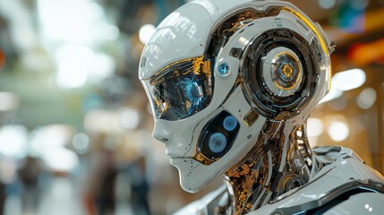Poster - A sleek white robot stands in a bustling city environment, showcasing advanced technology and intricate details. People move around, highlighting the harmony of man and machine in this lively scene