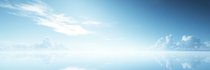 Poster - Expansive clear blue sky with soft clouds and reflective surface creating a serene atmosphere suitable for text. Generative AI