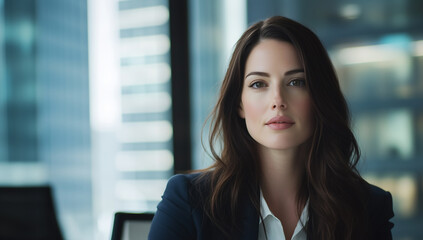 Poster - Confident businesswoman in modern office setting, exuding professionalism and focus