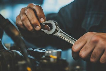 Wall Mural - Mechanic using wrench to repair engine