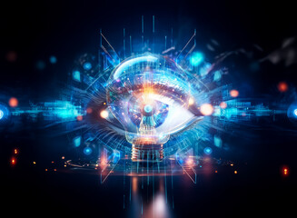 Aufkleber - A mesmerizing double exposure concept image depicting a vibrant, glowing orb at the center of a complex network of energy.  It evokes ideas of interconnectedness and technological advancement.