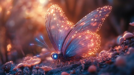 Poster - Whimsical being of light with translucent wings and radiant blue eyes drifts through dimensions reaching out against a backdrop of intricate mandalas vibrant islands and bioluminescent mushrooms