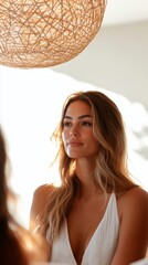 Poster - Demure Natural Light Portrait Serene Woman in Textured Knit Top for Elegant Modern Lifestyle and Premium Cultural Marketing
