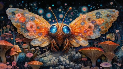 Fototapete - Whimsical being of light with translucent wings and radiant blue eyes drifts through dimensions reaching out against a backdrop of intricate mandalas vibrant islands and bioluminescent mushrooms