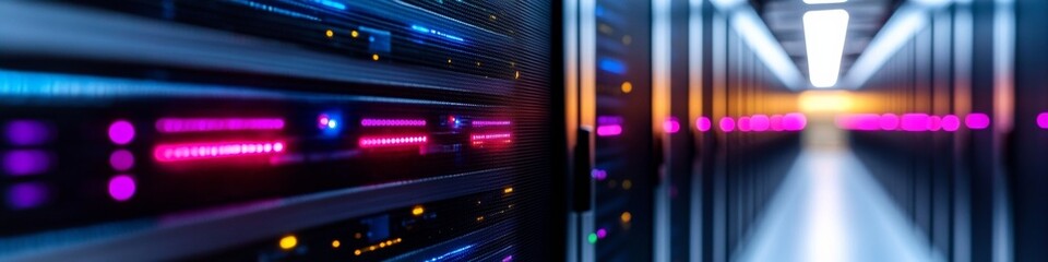 Fototapete - Neon-Futuristic Server Corridor Advanced Networking Racks with LED Accents - Fintech Data Center for Digital Banking and Tech Innovation