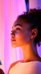 Fototapete - Smart Lighting and Modern Design Young Woman Engaging with Eco-Friendly Nighttime Bedroom Ambiance - Tech Integration for Sustainable Living and Commercial Innovation