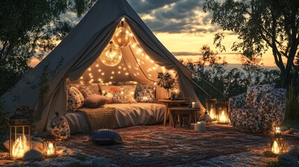 Wall Mural - Cozy Glamping Tent Sunset Ocean View