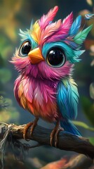 Poster - Whimsical cartoon bird with vibrant feathers of pink blue and green perches on a branch its large eyes sparkling with innocence meticulously detailed to capture its joyful spirit