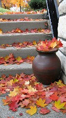 Wall Mural - Autumn Leaves on Steps and in Pot,  Fall Scene