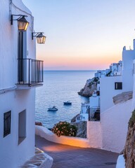 Poster - Mediterranean Seaside Charm Whitewashed Cliffside Buildings for Vibrant Travel Marketing and Destination Branding - Captivating Sunset Atmosphere in Coastal Tourism Imagery