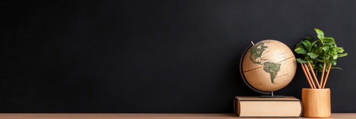 Aufkleber - Minimalist Academic Decor Chalkboard and Globe with Natural Wood Accents for Modern Educational Spaces and Eco-Friendly Office Design Inspiration