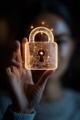 Poster - Cutting-Edge Cybersecurity Aesthetic Holographic Padlock in Hands Against Seamless Digital Interface - Enterprise Data Defense and Network Security Promotion