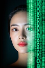 Aufkleber - Neon Cybersecurity Aesthetic East Asian Woman Navigates Data Breach on Laptop - Tech Innovation and Crisis Management in Digital Business Environments