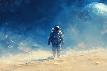 Poster - Astronaut explores a distant planetary surface under a vibrant cosmic sky