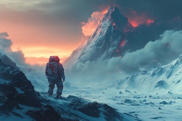 Aufkleber - Astronaut exploring a volcanic mountain landscape at sunset in a futuristic environment