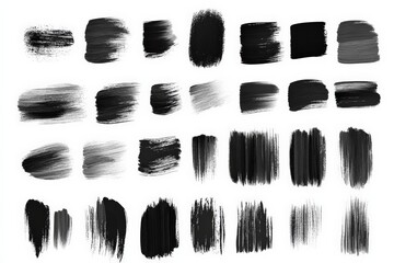 Aufkleber - Collection of black paint strokes on white background showcasing various brush techniques and textures for artistic use and inspiration