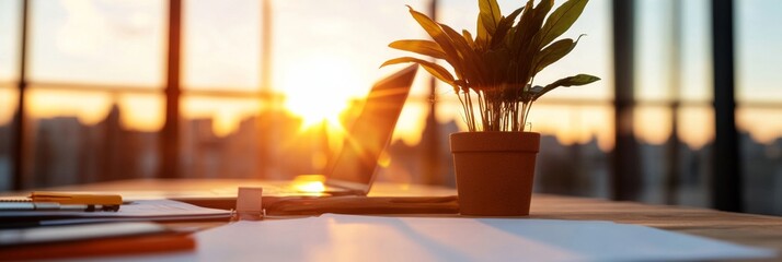 Poster - Sun-Drenched Office Workspace Modern Collaborative Desk with Green Plant and Documents - Enhancing Professional Ambiance and Sustainable Creative Settings