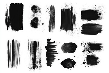 Poster - Abstract black ink textures and brush strokes on white background for artistic design and creative projects