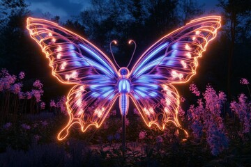Aufkleber - Intricate neon butterfly illuminates a garden at twilight with vibrant colors and delicate flowers surrounding it