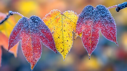 Canvas Print - Stunning Frost Covered Autumn Leaves Closeup