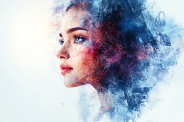 Poster - Creative portrait of a young woman with artistic elements blending into her profile, showcasing a dreamy essence and vibrant colors